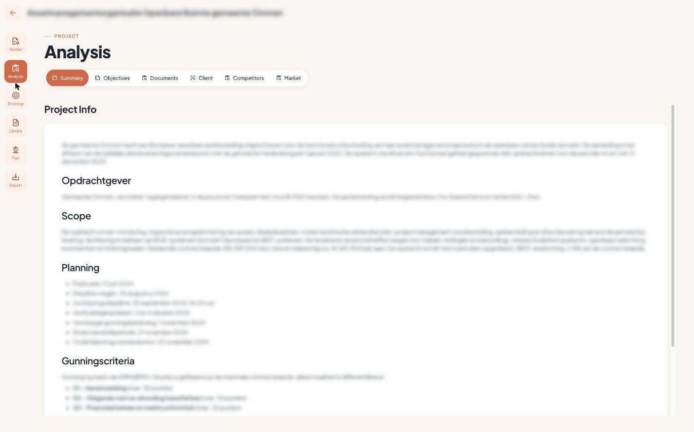 TenderTools workspace — AI analysis of a tender, structured into criteria, scope and planning