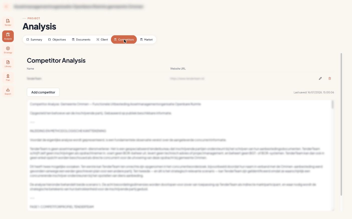 Competitor analysis — add competitors and generate a structured assessment