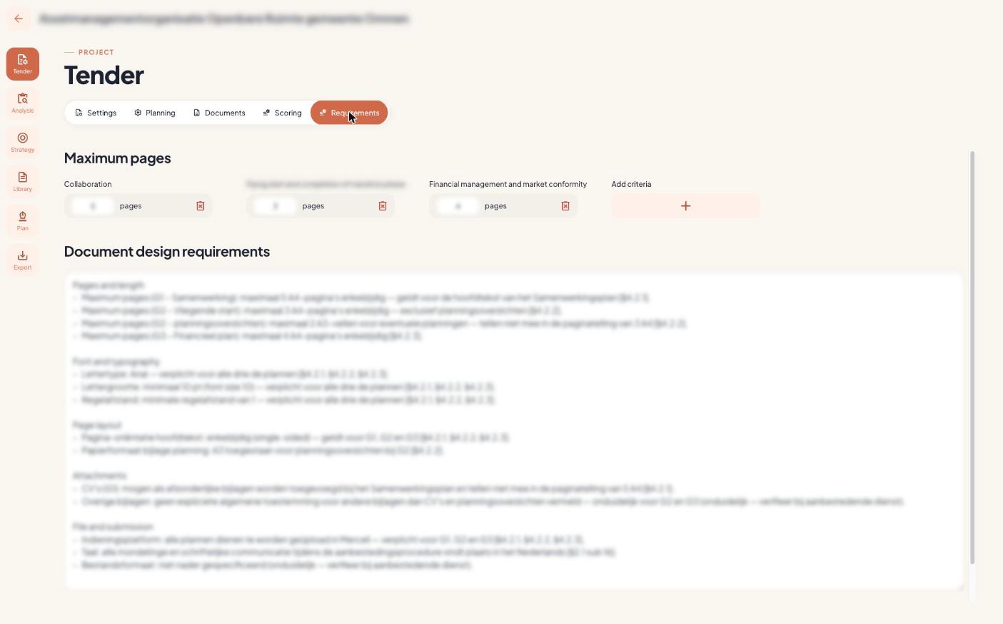 Document requirements — page limits, fonts and submission rules extracted from the tender
