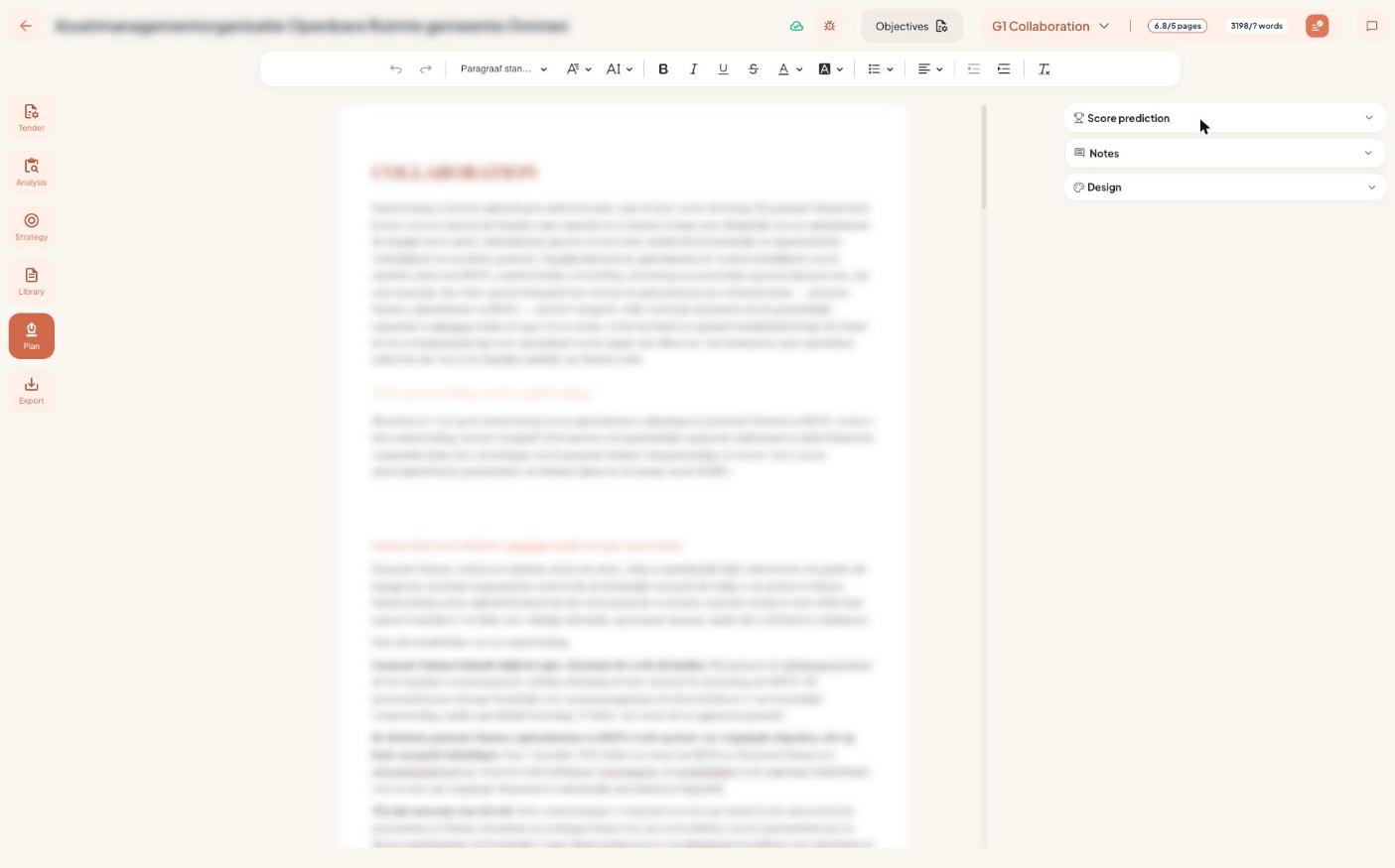 Smart editor with AI writing assistance, live A4 pagination, score prediction and notes