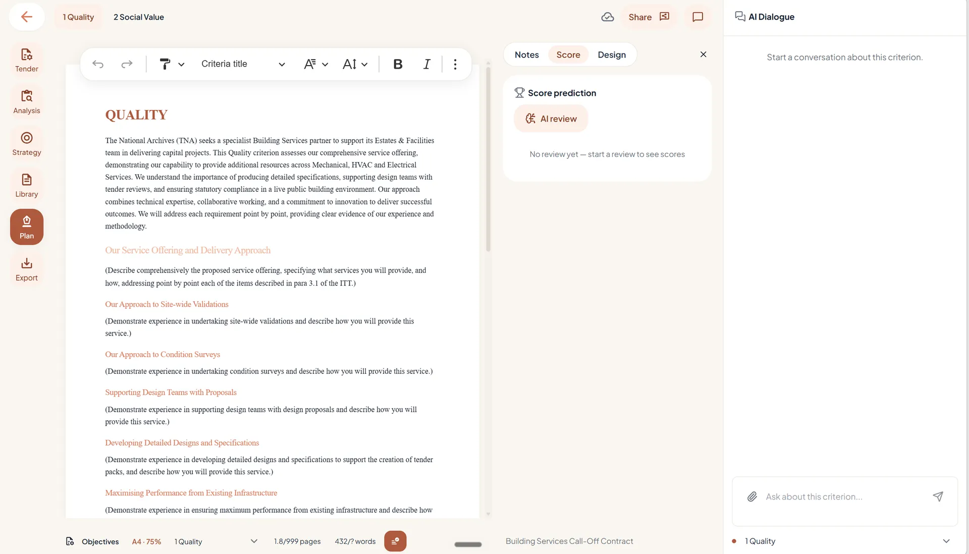 Start stap 5: een kwaliteitscriterium schrijven in de plan-editor