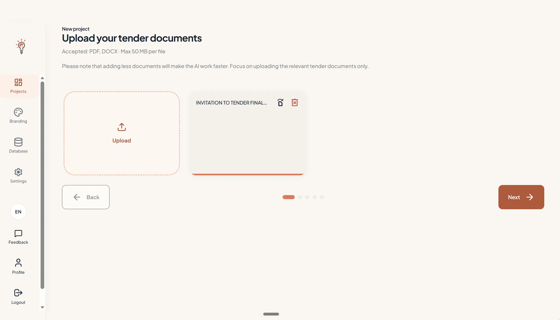 Start stap 1: de aanbestedingsstukken uploaden voor een nieuw project