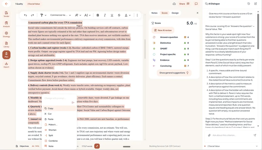 Editing text with the AI tools menu on a selected paragraph